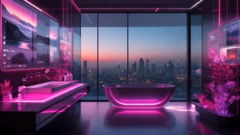 futuristic pink bathroom with city view