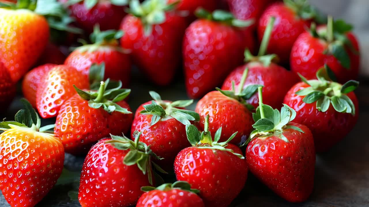 Succulent crimson strawberries nestling against rustic wooden backdrop, showcasing natural freshness with verdant stems and glossy ripe surfaces