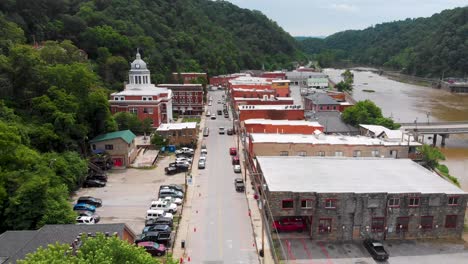 aerial view of a quaint small town nestled in the mountains