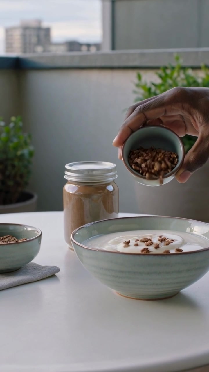 Video verticale: Mano destra che entra e inclina, versando granola sullo yogurt su un tavolo da balcone per uno spuntino