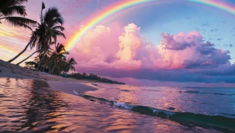 A serene beach scene at sunset with a vibrant rainbow arching over palm trees