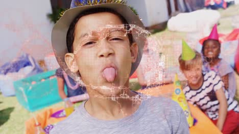 animation of digital brain over diverse children at birthday party