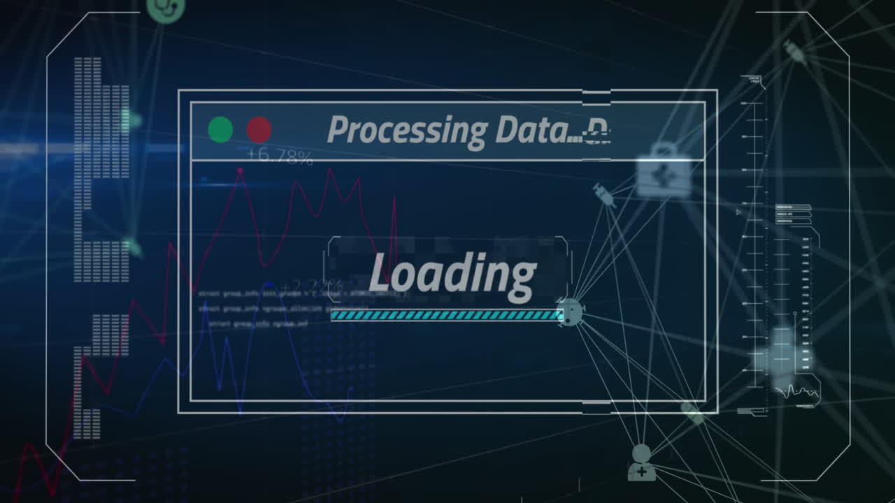 Animation of network of connections with data processing