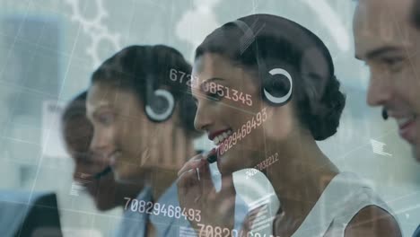 animation of numbers and icons over business people using phone headsets