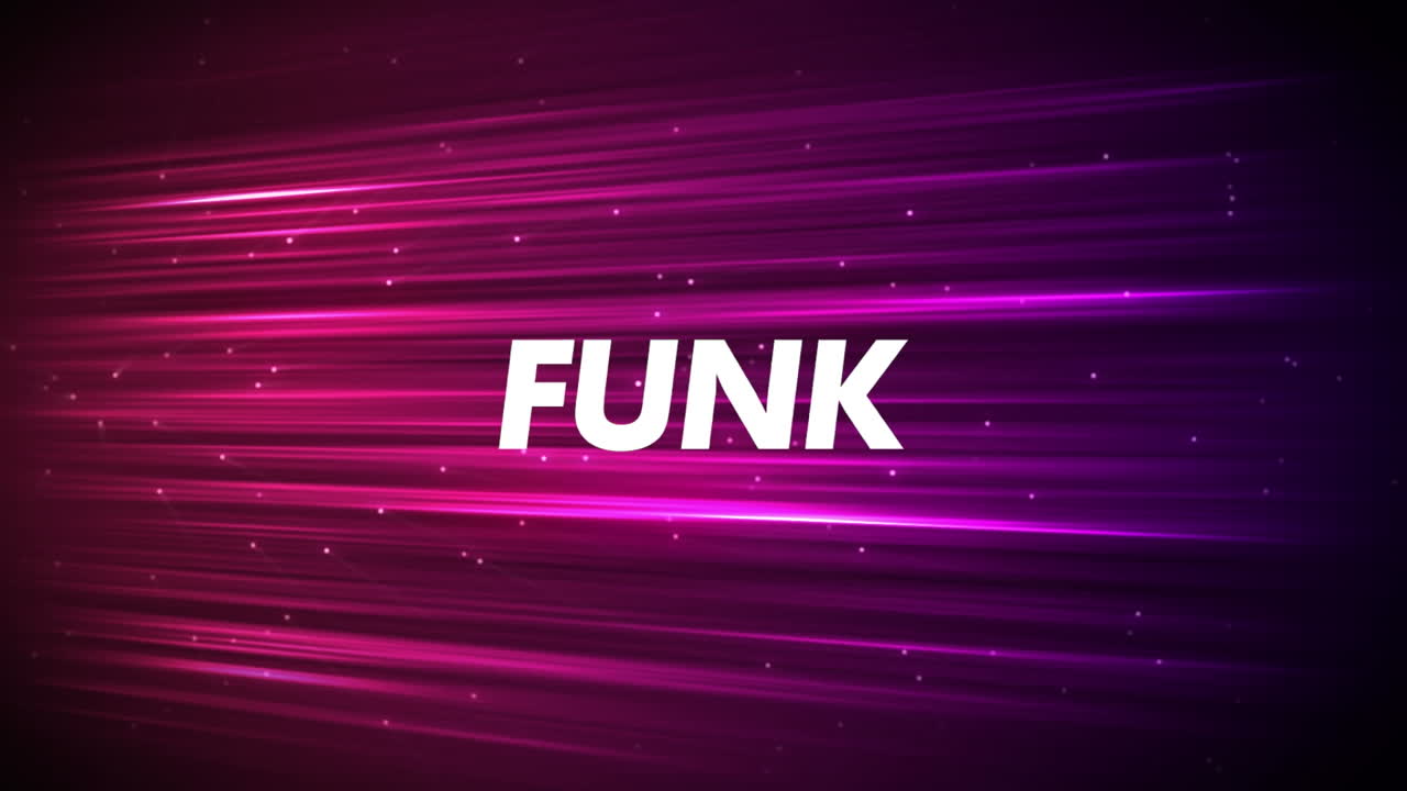 Animation of funk text over light trails on black background