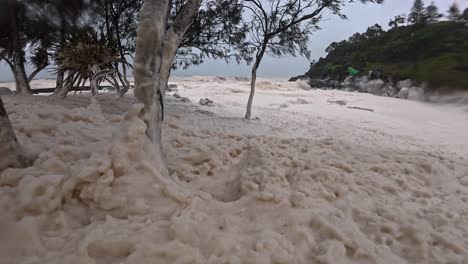 spumes covering froggy beach with strong wind blowing. cyclone alfred in gold coast, qld, australia. static shot