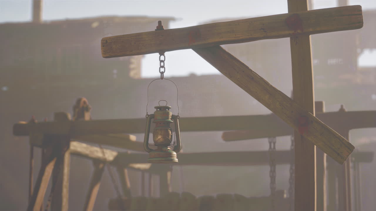 старый фонарь на деревянном столбе в заброшенном месте