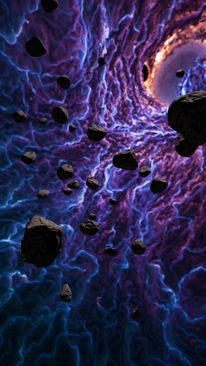 Asteroids Floating Through a Glowing Purple and Blue Nebula
