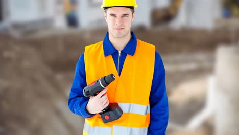 animación de un trabajador caucásico con un taladro sobre un sitio de construcción