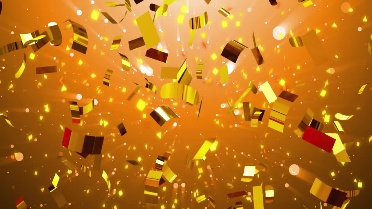 animación de confeti y nieve cayendo sobre un fondo naranja.