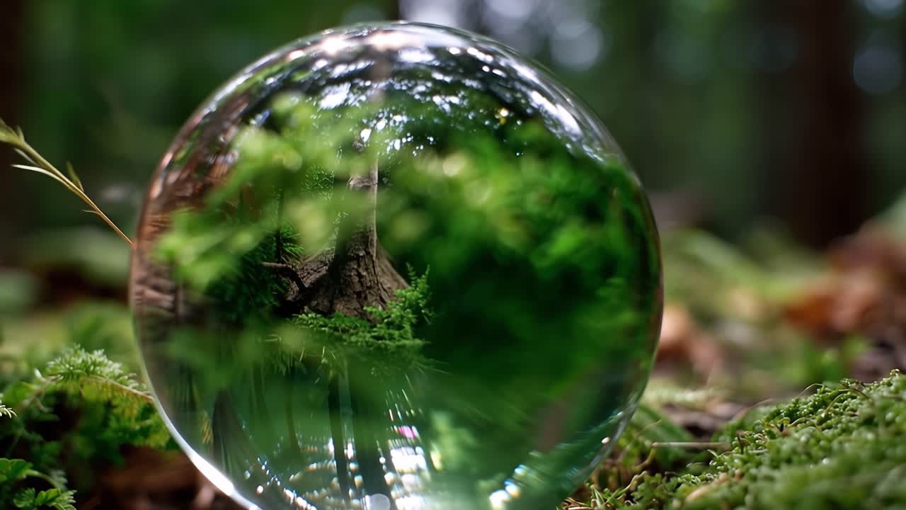 Una sfera di vetro poggia su un suolo forestale muschioso. Foschia verde si agita al suo interno. La luce naturale filtra dolcemente attraverso gli alberi sovrastanti. Il silenzio circonda la sfera, intatta e calma.