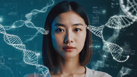 portrait of a woman in a futuristic genetic research environment