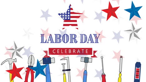 animation of labor day celebrate text over tools and american flag stars