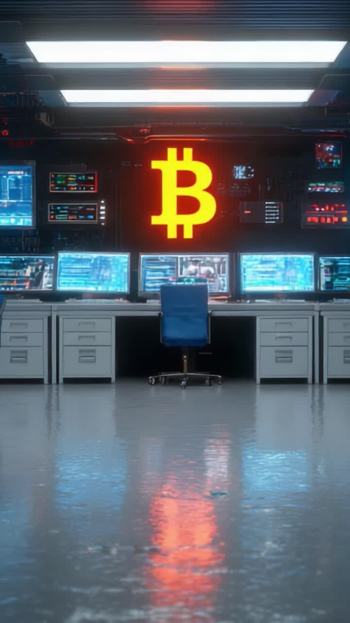 Uno spazio di lavoro high-tech con simbolo Bitcoin illuminato su diversi monitor che controllano dati e tendenze delle criptovalute in un ambiente di trading moderno