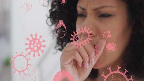 animación de iconos de coronavirus sobre una mujer biracial tosendo en casa