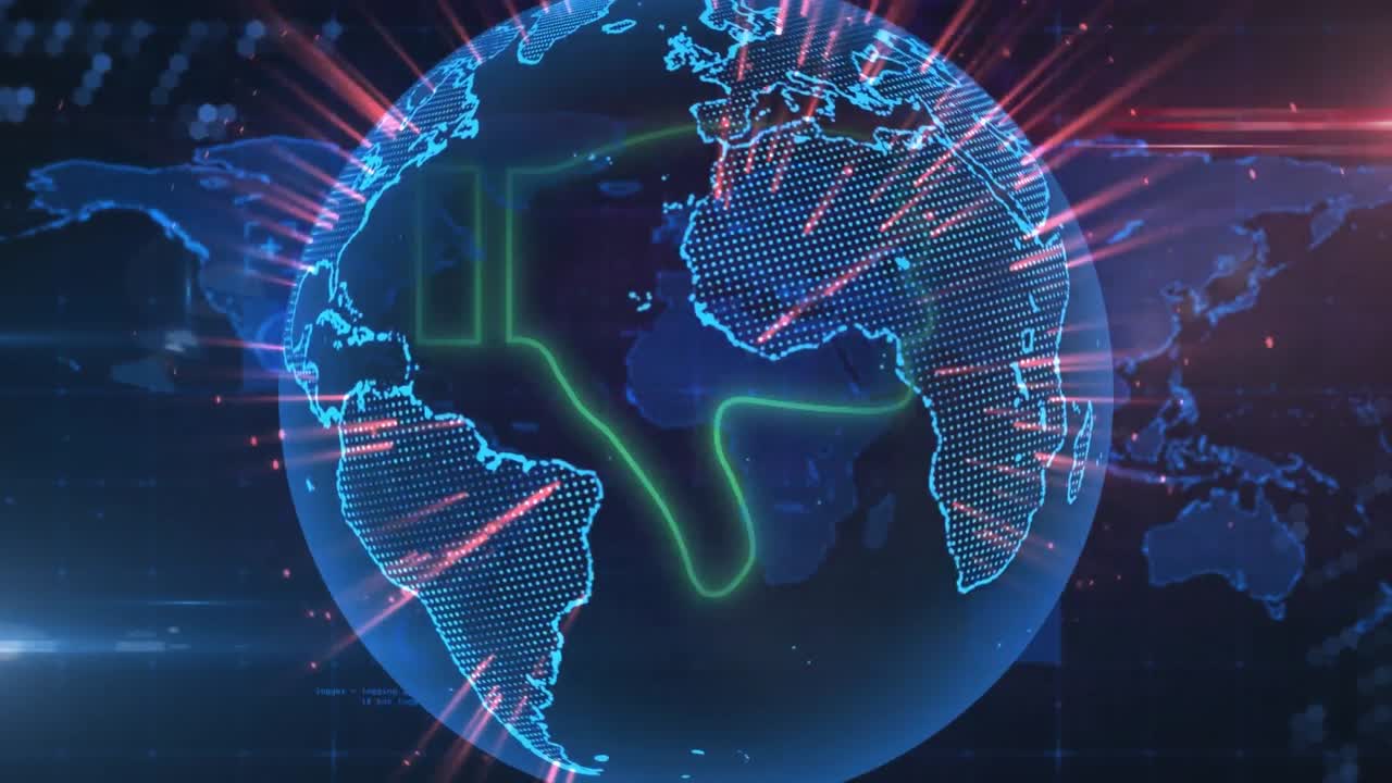 Animation of thumbs down icon over globe and map against abstract background