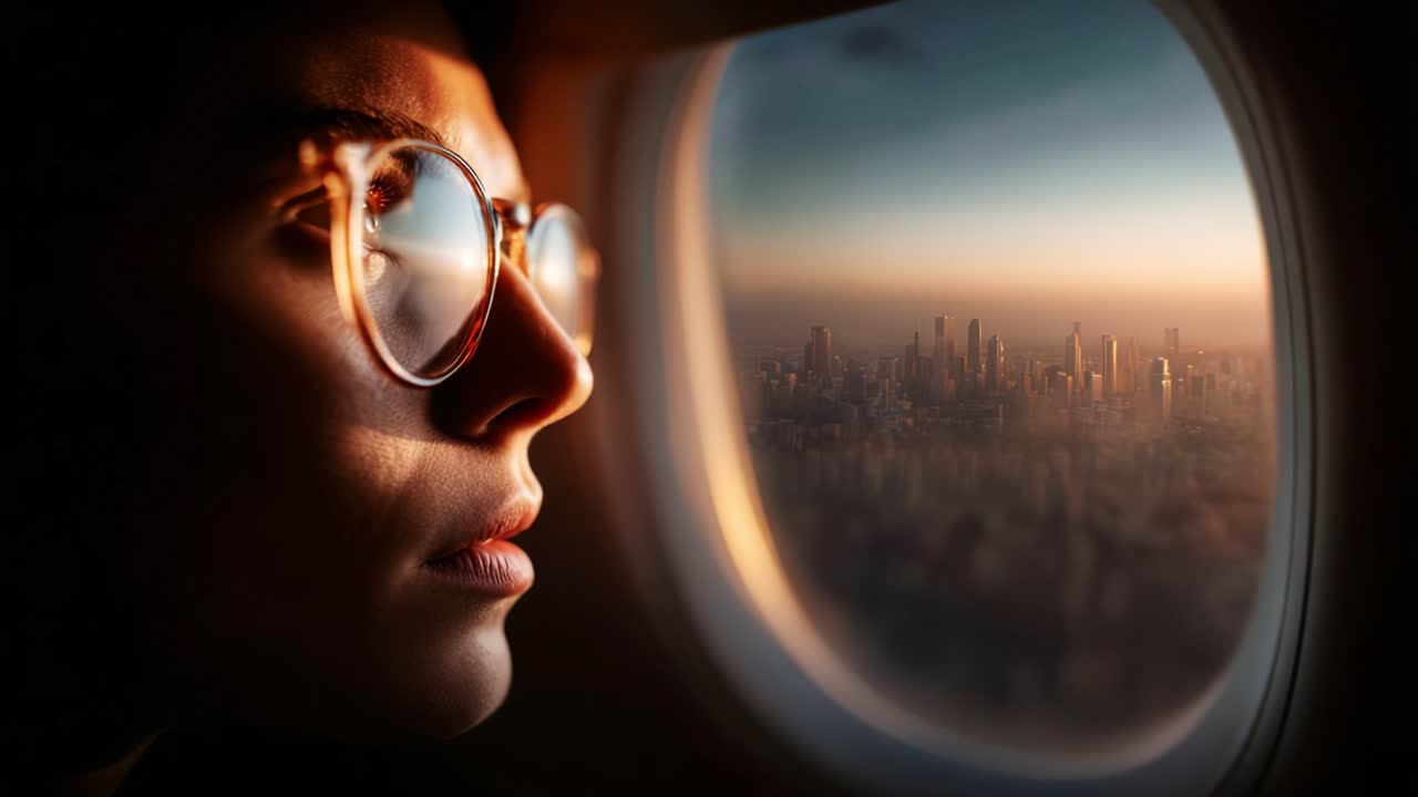 Captivated by the Cityscape: A Thoughtful Person Gazes Out of an Airplane Window, Lost in Reflection as the Sun Sets Over a Distant Urban Skyline, Evoking Wanderlust and Dreams