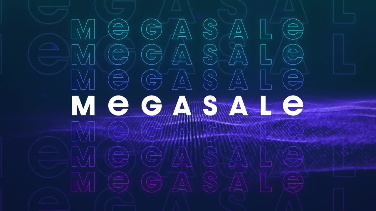 Animation of mega sale text over moving purple wave