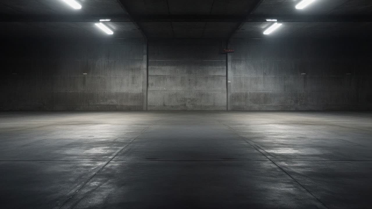 Wide-angle shot of an empty, dimly lit concrete garage, evoking a mysterious and cinematic