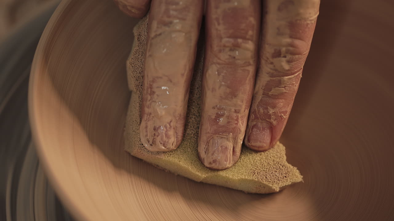 Hand smoothing clay bowl on pottery wheel