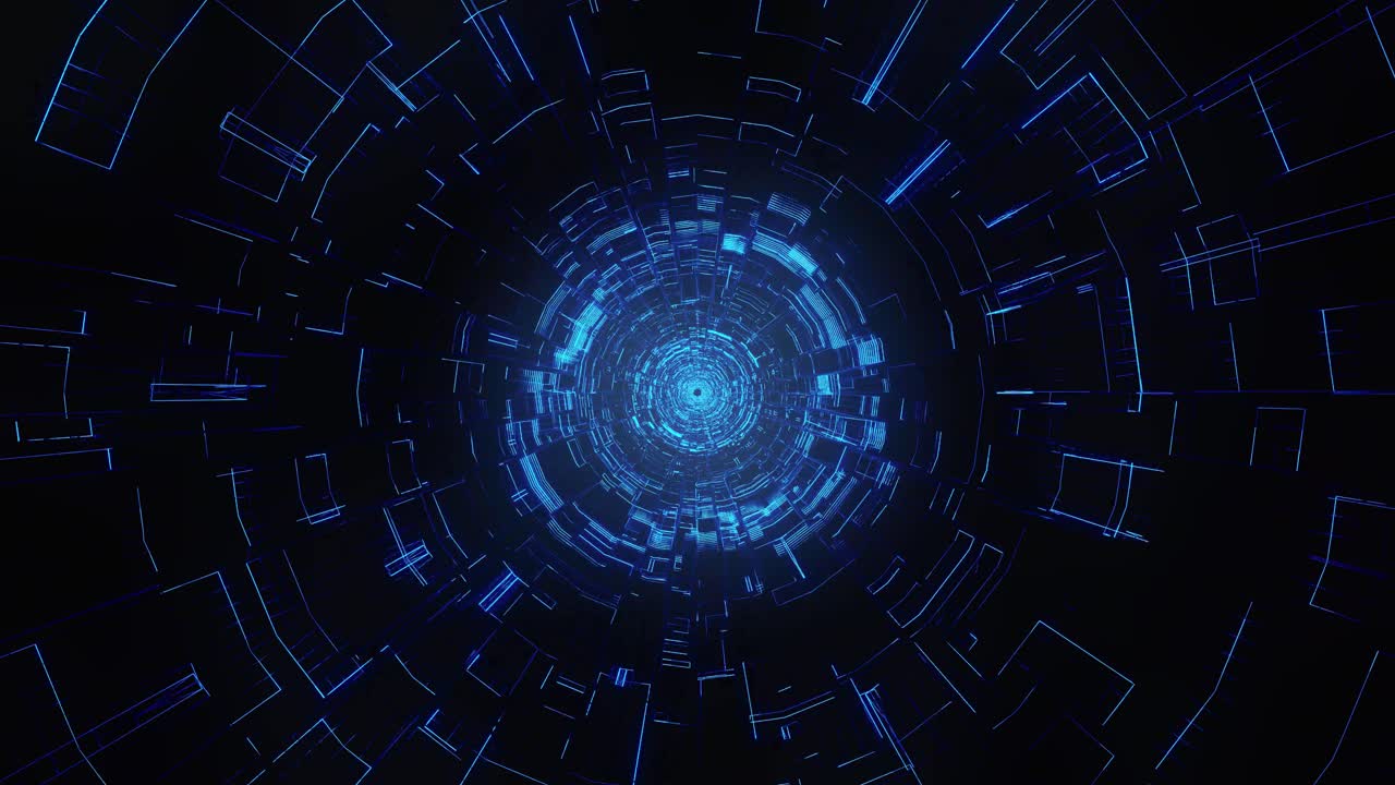 Infinite flight into cosmic web structure, abstract neon blue circle sci-fi tunnel. Futuristic VJ loop motion graphics for music video, night club concert, audio visual show background. Time warp portal. 3D animation 4K loop