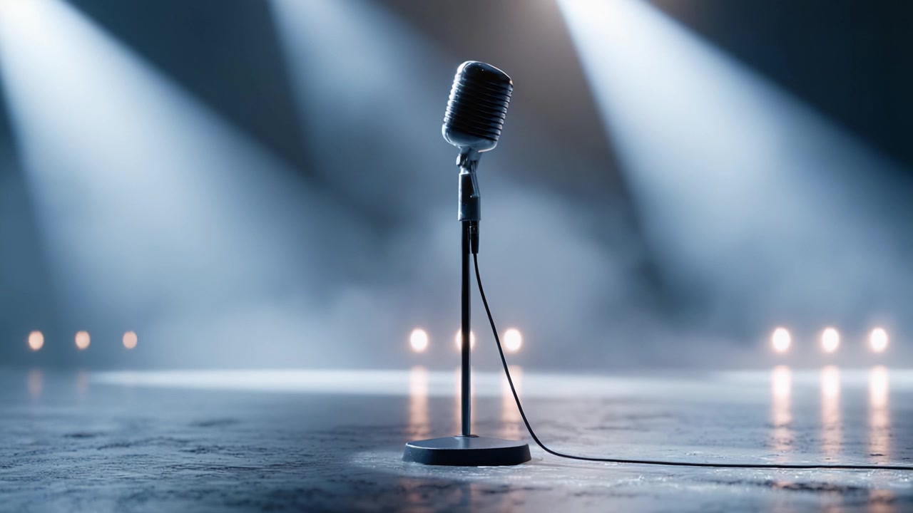 Un microfono vintage illuminato dalle luci del palco, in piedi da solo sotto un riflettore suggestivo – Un simbolo di performance musicale ed espressione creativa