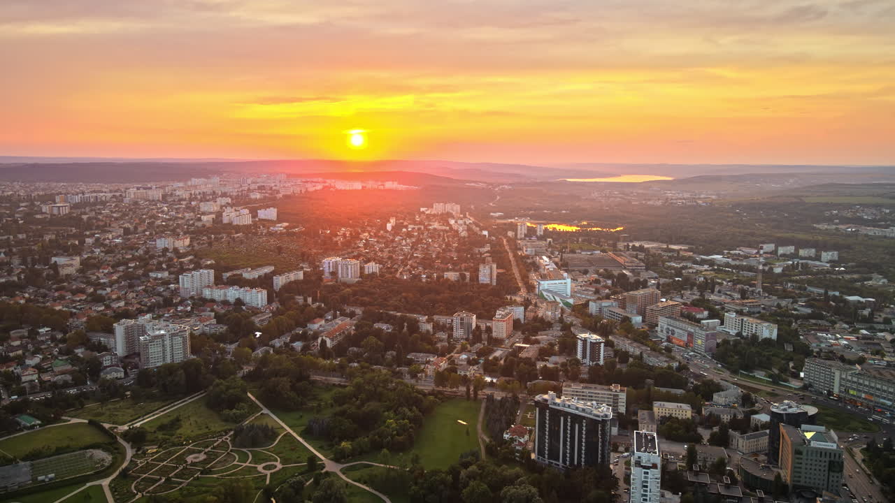 Aerial sunset drone view of Chisinau city. Red sky. Moldova