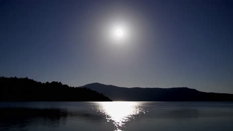 sunrise or sunset over a lake with mountains and trees
