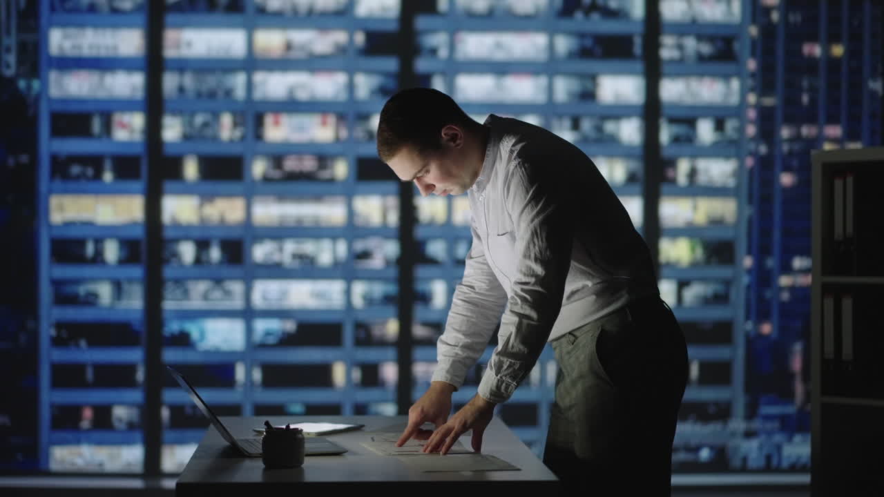 un hombre se para cerca de la mesa y ordena a través de los papeles