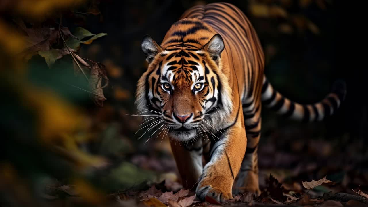 A tiger prowls through a forest, captured in a low-angle shot. The video highlights its intense gaze