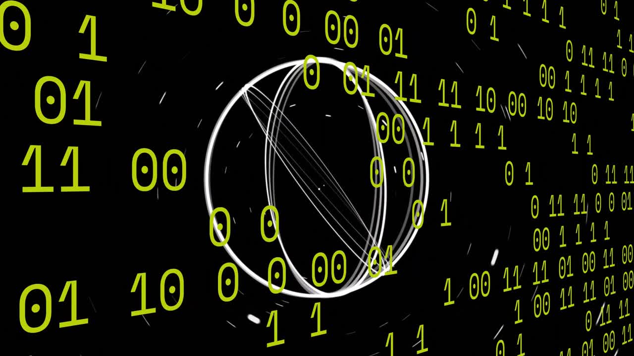 animación de círculos en movimiento sobre códigos binarios contra un fondo negro.