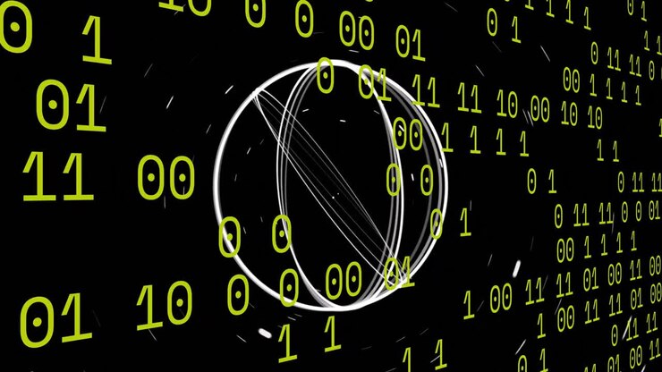 Animation of moving circles over binary codes against black background