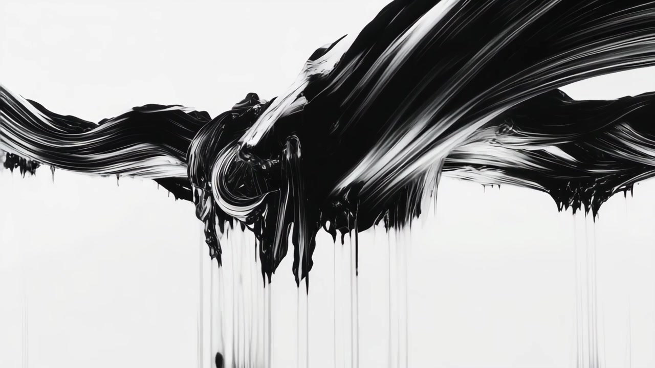 Abstract Black Paint Swirls and Drips on White Background