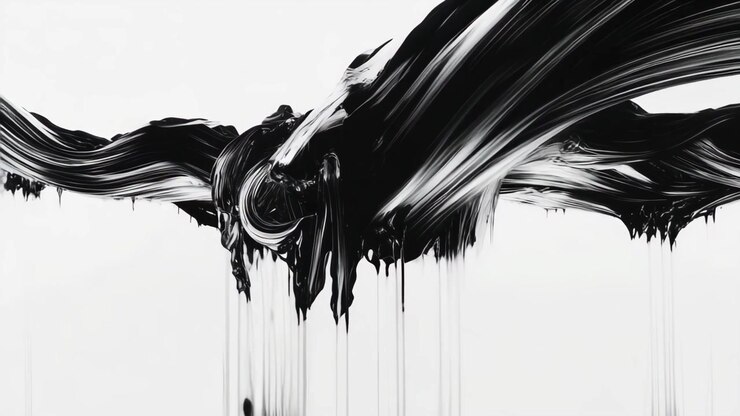 Vortici e colature astratte di pittura nera su sfondo bianco
