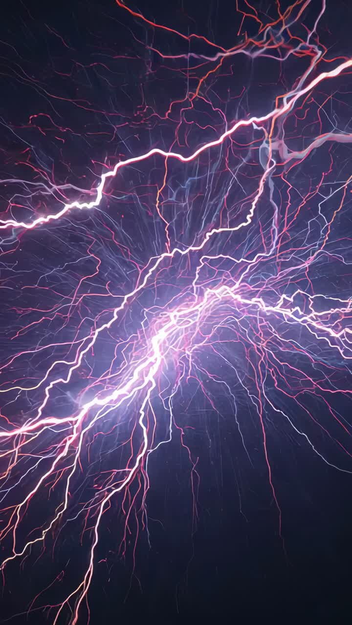 Video verticale: nucleo luminoso che invia un arco rosa diagonale, viticci viola verso l'esterno in un vuoto oscuro