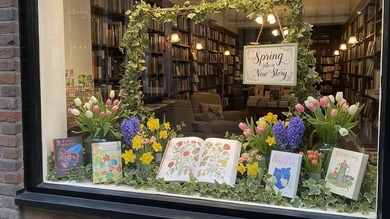 Charming Bookstore Window Display Celebrates Spring with Vibrant Floral Arrangements and Enchanting Literature Featuring Colorful Flowers and Storybooks