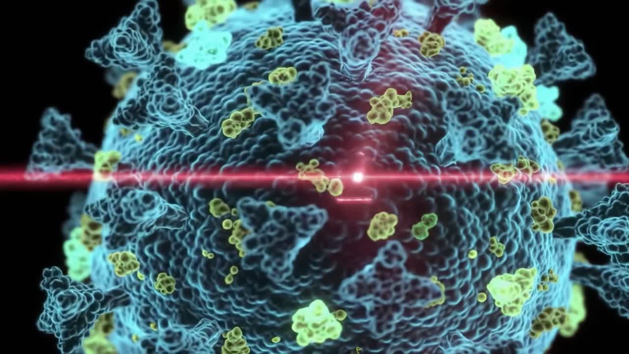 Close-Up Visualization of a Virus, Highlighting Its Structure and Surface Features Under Microscopic Examination with Colorful Molecular Details