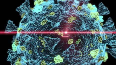 close-up visualization of a virus, highlighting its structure and surface features under microscopic examination with colorful molecular details