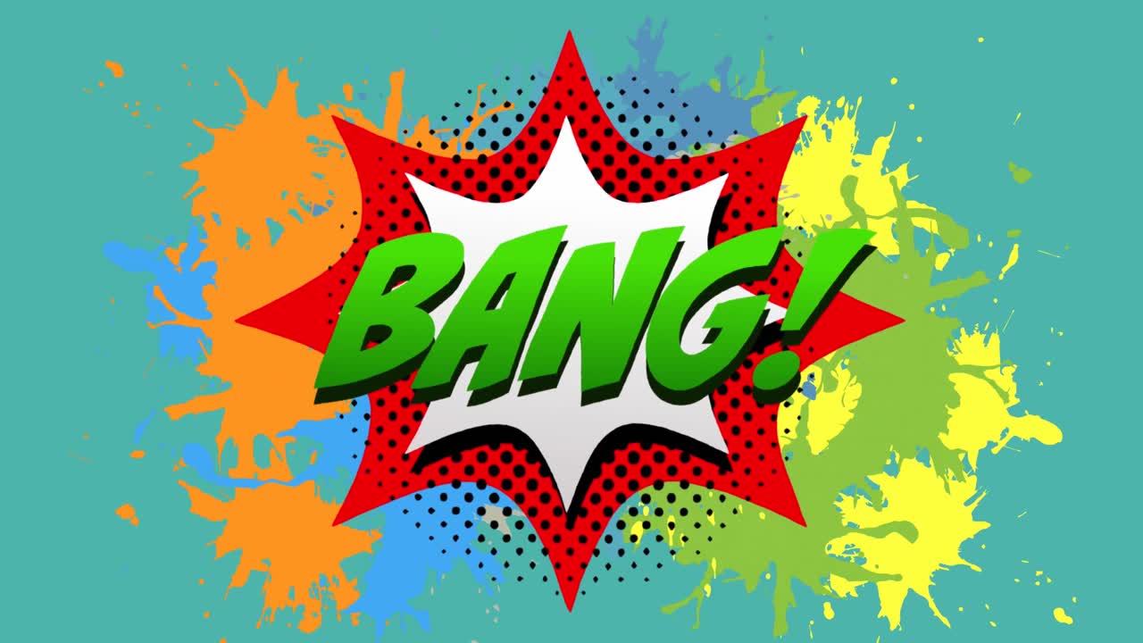 코한 폭발 폭발과 파란색 배경에 다채로운 페인트로  텍스트의 애니메이션