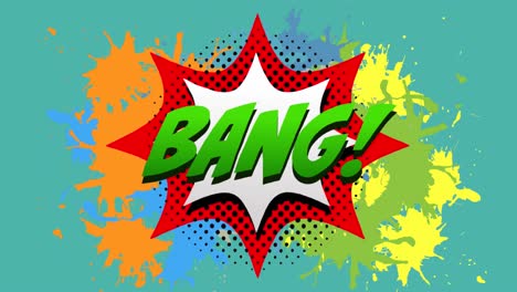 Animation-of-bang-text-with-comic-blast-explosion-and-colorful-paints-on-blue-background