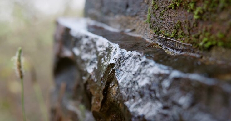 Water Trickling Over Wet Mossy Stone Surface