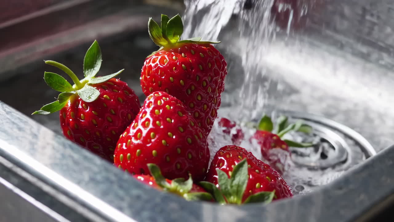 Washing Strawberries in a Kitchen Sink