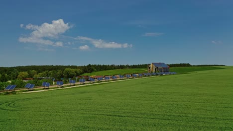 innovative solar panels on field. blue sunny batteries collect clean energy from the sun in bright day. private solar station on green field.