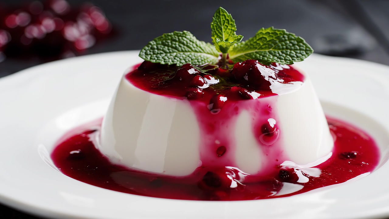 Creamy Panna Cotta with Red Berry Sauce and Fresh Mint