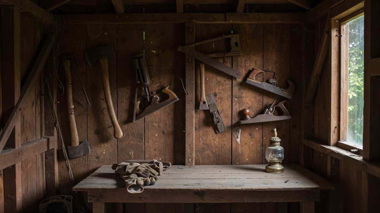 A vintage workshop setting displaying an array of antique woodworking tools on the wall, featuring a rustic wooden table and an old lantern, evoking craftsmanship and nostalgia