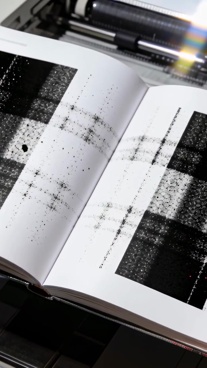 Vertical video: Turning finger revealing print book spreads with press roller, checking test prints