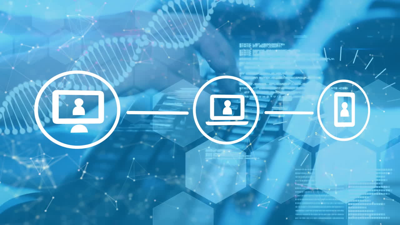 animación de cadena de adn, red con iconos sobre caucásicos mujer usando portátil