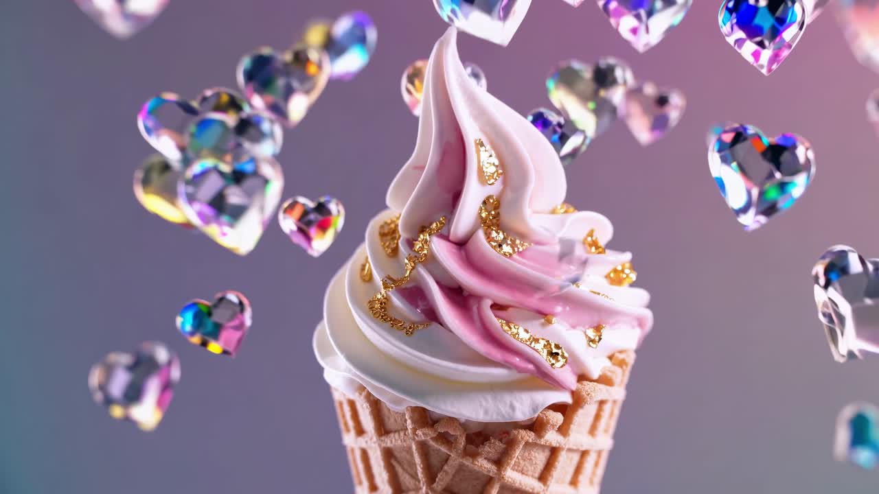 맛있는 분홍색과 색의 부드러운 서비스 아이스크림은 다채로운 배경에 주위에 떨어지는 iridescent 크리스탈 심장과 함께 와플 콘에 금 잎으로 장식되어 있습니다.