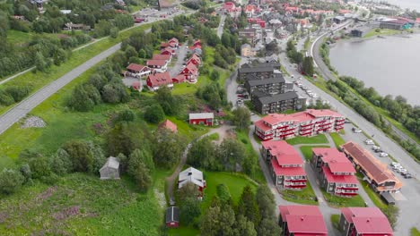 aerial shot of dramatic landscape surrounding a ski village in sweden