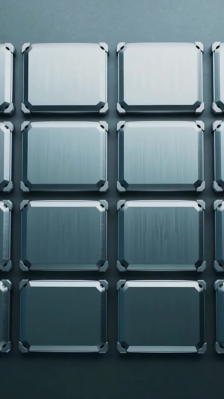 Vertical video: Starting rotation by operator, camera revealing brushed-metal panel grid at studio